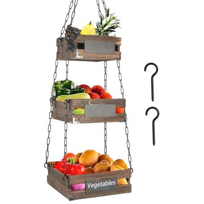 China Sustainable Rustic 3-Tier Wooden Fruit Basket Kitchen Vegetable Storage Hanging Organizer with Mini Chalkboard for sale