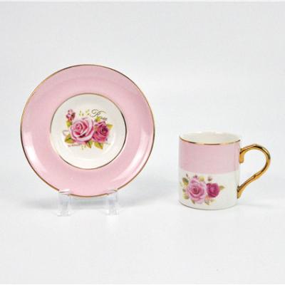 China Hot Seller Stocked Rose Flower Patterned Ceramic Coffee Cup Saucer Set Leisure Afternoon Tea Cup Saucer Set for sale