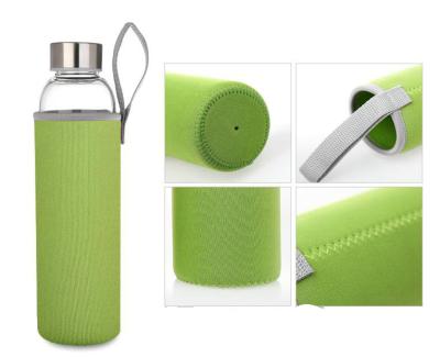 China Cylinder Bpa Free Reusable Glass Water Bottles Protective Sleeve Ribbon Handle for sale