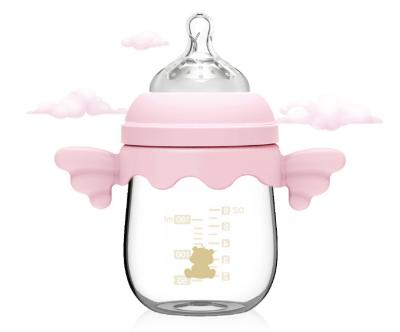 China 150ml Borosilicate Baby Glass Water Bottle Breast Bottle With Silicone Teat and Handle for sale