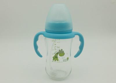 China garrafas de bebê 240ml de vidro inquebráveis com o punho azul natural dos PP do produto comestível do bico e do silicone do sentimento à venda