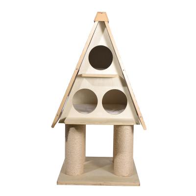 China New Design Sustainable Wooden Loft Indoor Cat House With Four Sisal Pillar for sale