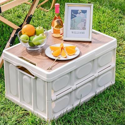 China Outdoor Camping Fishing Organizer Freshness Preservation Folding Car Trunk Storage Box Wooden Lid Box Case for sale