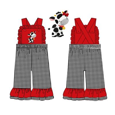 China High Quality Breathable Farmhouse Cow Applique Cotton Gingham Kids Romper Girl Overalls for sale