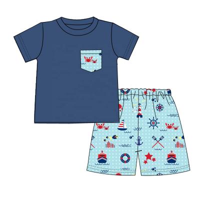 China Vacation Knitted High Quality Summer Boys Clothing Sets Short Sleeve Top With Pocket Polyester Shorts Baby Outfits Summer Design for sale