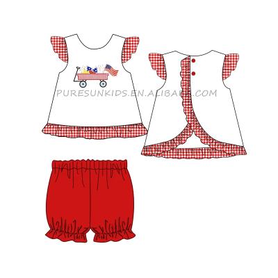 China Sweet 4th of July kids boutique clothes wholesale embroidered baby outfits summer ruffle sleeve toddler girl dress sets for sale