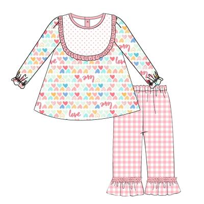 China Sweet Valentine New Products Babies Clothing Set Heart Printing Long Sleeve Dress Sets Ruffled Long Pants Set Baby Outfit for sale