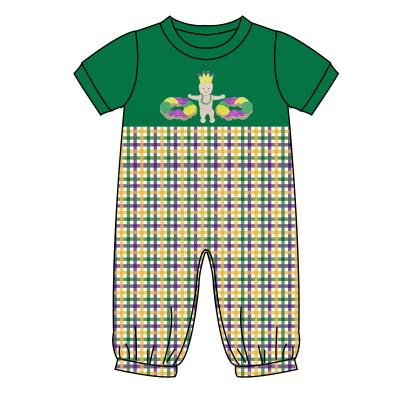 China 100% Animal Baby Boy Clothing Mardi Gras Applique Kids Cotton Clothes Boys Romper Wholesale Good Quality Gingham Short Sleeve Overalls for sale