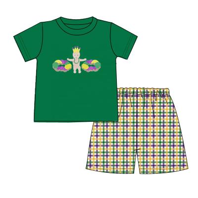 China Holiday Newcomer Mardi Gras Boy Clothing Sets Knitted Short Sleeve Children's Wear Gingham Shorts Set Embroidery Baby Boutique Outfits for sale