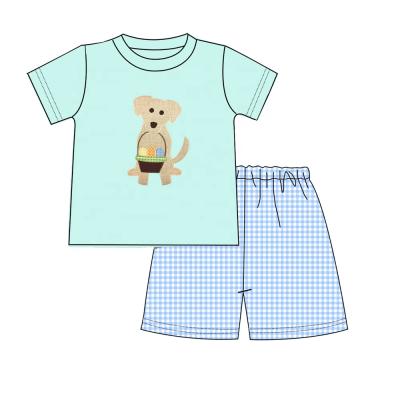 China Casual Custom Designs Easter Day Kids Clothes Puppy Appliques With Eggs Knit Cotton Baby Boy Outfits for sale