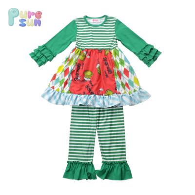 China Spandex/Cotton Toddler Long Sleeve Ruffle Winter Christmas Printed Baby Outfit Set Christmas Clothes for sale