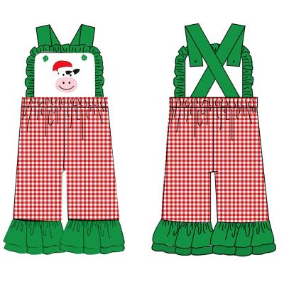 China OEM Breathable Wholesale Red Cotton Gingham Jumpsuit Christmas Cow Applique Kids Romper for sale