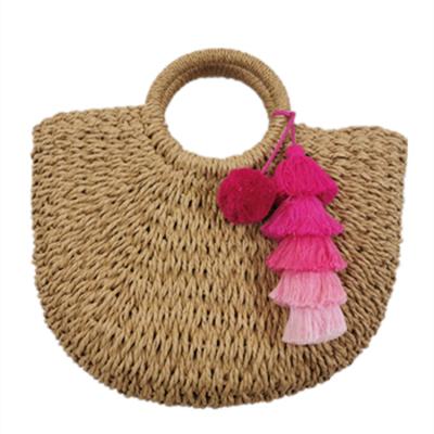 China Hand Crochet Straw Basket Handmade Beach Bag, Handmade Straw Bag with Pompom Tassel Supplier for sale