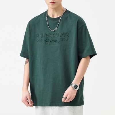 China Anti-Wrinkle Summer Vintage Cotton Mens Short Sleeve Embossed Letter T-Shirt for sale