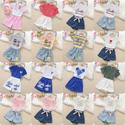 China Summer Breathable Direct Suit Girls Factory Short Sleeve Shorts Printed Bow Child Large High Quality Cotton Elastic Foreign Style for sale