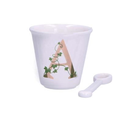 China Sustainable Wholesale Luxury Embossed Floral Design Ceramic Cup without Handle and with Spoon, for Gift Shops, and European Aesthetics for sale