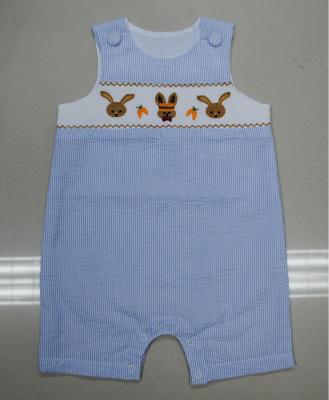 China Embroidery blue stripe cotton seersucker babies boy sleeveless machine smcoked and shortall for sale