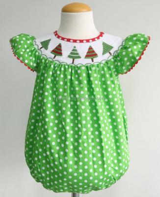 China Short Sleeve Green With White Polka Dots Cotton Christmas Tree Wholesale Machine Smocked Baby Romper for sale