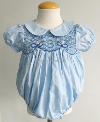 China Wholesale Hand Made 100% Cotton Blue Color Short Sleeve Smocked And Embroidery Romper for sale