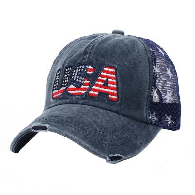 China Custom Party Print USA Flag Hat Washed Worn Embroidered Baseball Hats Cotton Ball Dad Hat for sale