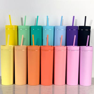 China Matte Pastel Colored 16oz Double Wall Viable Plastic Tumblers Skinny Acrylic Tumblers With Lids And Straws for sale