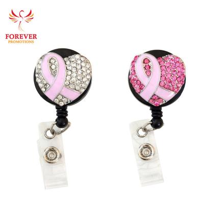 China 2017 New Office Breast Cancer Awareness Heart Shape Retractable Bling Rhinestone Pink Ribbon Badge Reel With Soft Strap Clip for sale