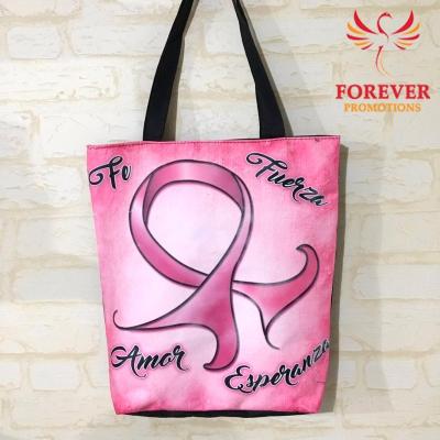 China 2017 Fashionable New Printing Tote Zipper Polyester Nylon Custom Pink Ribbon Shopping Bag Long Handles Breast Cancer Awareness Items for sale