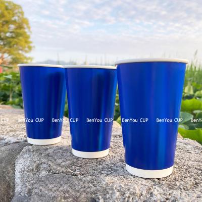 China New Style Blue Color Double Wall Disposable Recycled Paper Cups 8/10/12/16/20/22oz Custom Logo Printing for sale