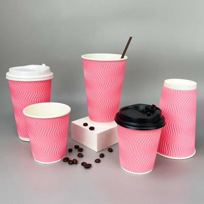 China 8/12/16oz 380ml Biodegradable Ripple Wall Two Layers Insulation Hot Coffee Mugs With Stirrer With Double Lid Wall Rose Color Thick Paper Cups for sale