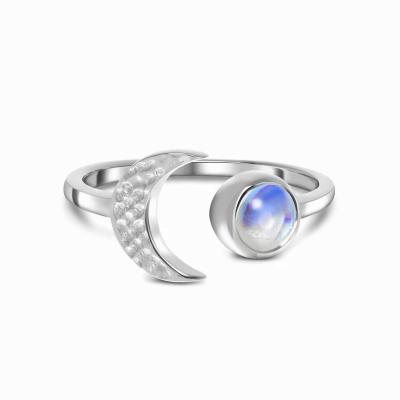 China Hot Sale High Quality S925 Sterling Silver Moon Encrusted with Diamond Moonstone Adjustable Open Ring for sale