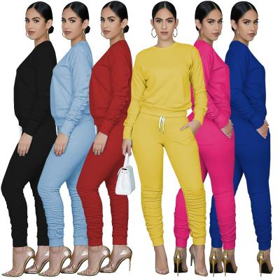 China Manufacturer Breathable Fall 2020 Women Clothes Casual Solid Color Stacked Top Pants 2 Piece Sets for sale