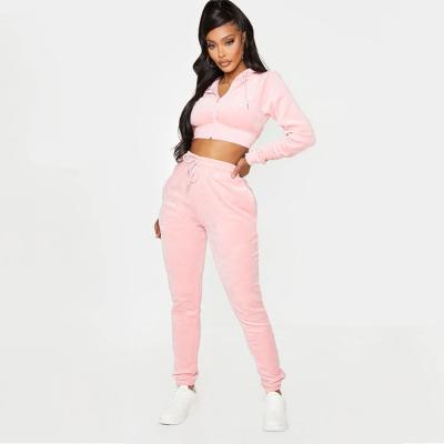 China High Quality Women Breathable Joggers Logo Embroidery Crop Top Sweatshirt Velvet Tracksuit 2 Piece Sets for sale