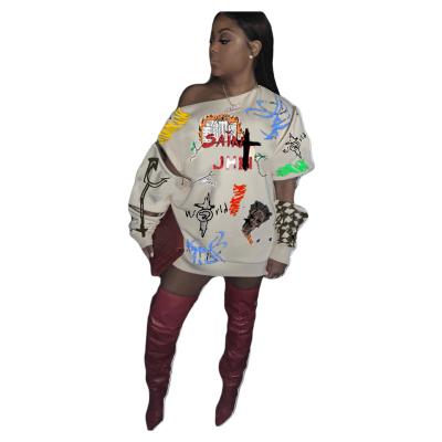 China Latest Anti-wrinkle Fashion Longsleeve Women Street Wear Crewneck Sweatshirt Graffiti Printing Hoodies Dress for sale