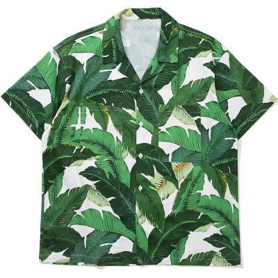 China Summer Latest Arrival Anti-Pilling Hawaiian Rugby Shirts Leaf Green Brown Short Sleeve for sale