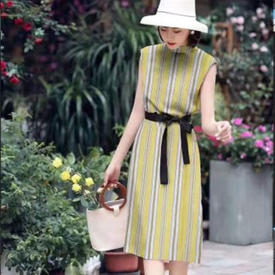 China Boat Neck Sleeveless Ladies Elegant Dresses , 100% Cotton Striped Sheath Pencil Dress for sale