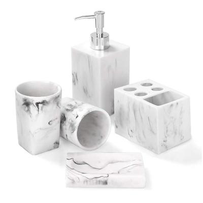 China Coffee Table Bathroom Accessories Set Full Marble Bathroom Set For Bath Decor Toothbrush Holder Soap Dispenser Dish Tumblers Ink White for sale