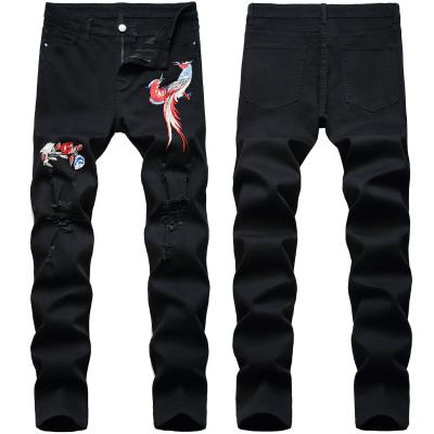 China Breathable Painting Flowers And Embroidery Jeans Destroyed Black Leisure Jeans Mens Skinny Jeans Para Hombre for sale