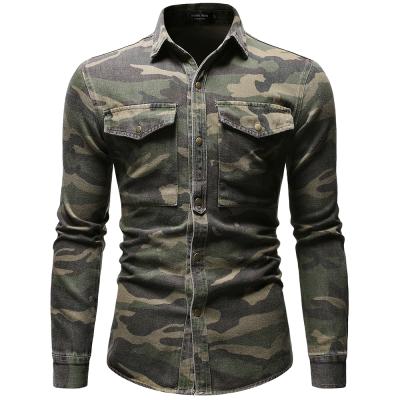 China Hot Sale Anti-pilling Army Camouflage Fashion Men's Denim Casual Slim Fit Cloth Long Sleeve Shirts For Men for sale