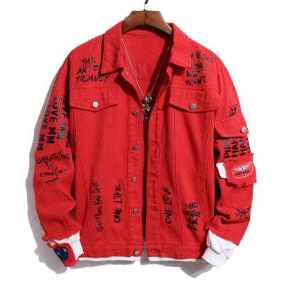 China New Fashion Breathable Trend Crop Red Interesting Text Printed Mens Denim Jacket for sale