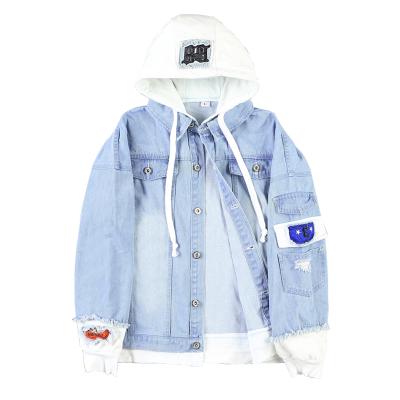 China Wholesale popular classic solid color hooded hole two fashion loose denim jacket for men 2021 for sale