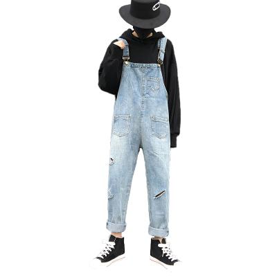 China Color Fade Proof Fashion Full Length Small Hole Stretch Jeans Overall Loose Light Blue Denim Overalls Men for sale