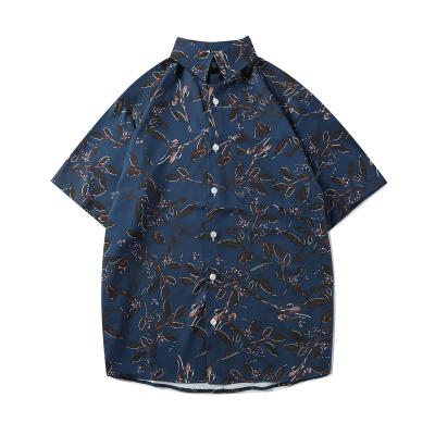 China Anti-pilling Vintage Leaf Printed Shirt Men's Summer Trend Loose Left Style Hawaiian Short Sleeve Shirt for sale