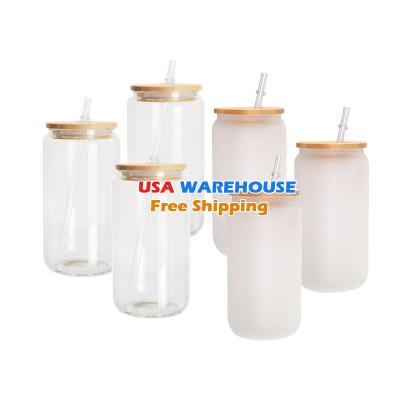 China USA Warehouse Stocked Clear Frosted Sublimation Glass DIY Sublimation Mug 12oz 16oz Masks Mason Jar Beer Can Glass Mug With Lid And Bamboo Straw for sale