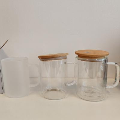 China Wholesale Clear HANDLE US DIY Beer Glass Coffee Mugs Double Wall Sublimation 15 Ounce Glass Beer Mug With Handle And Bamboo Lids for sale