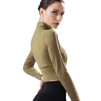 China Winter Fitness and Leisure Sports Jacket Ladies Breathable Yoga Suit Slim Elastic Zipper Outdoor Long Sleeve Jacket for sale