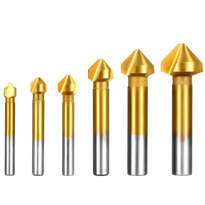 China Titanium-Coated Metal Drilling 6Pcs Shank 3 Flute HSS Cylindrical Drill Bits Set For Metal Deburring for sale