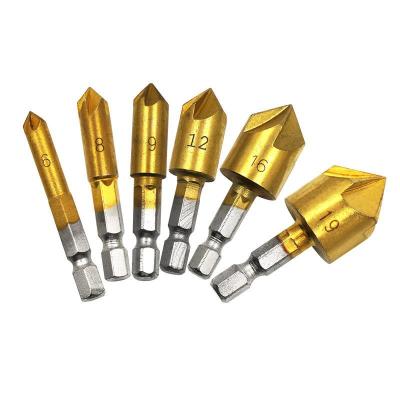 China Tin-Coated Metal Drilling 6Pcs 90 Degree 3 Flute HSS Countersink Drill Bit Set For Wood for sale