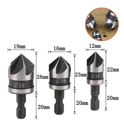 China Wood Shank 5 Flute Hex 3PCS Drilling 12mm 16mm 19mm Countersink Drill Bit Set for sale