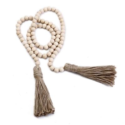 China New Hot Selling Eco-friendly Products Note Color Hemp Rope And Wooden String Home Bead Ornaments Diy Jewelry Accessories Tassel Wooden Beads for sale