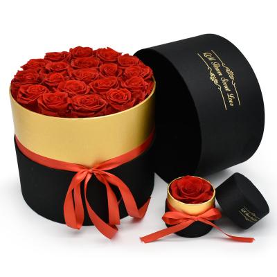 China Handmade Custom Black Box Flower Newspaper Distribution Tour Preserved Packaging Luxury Gold Rose Flower Gifts Boxes Set With Logo Print for sale